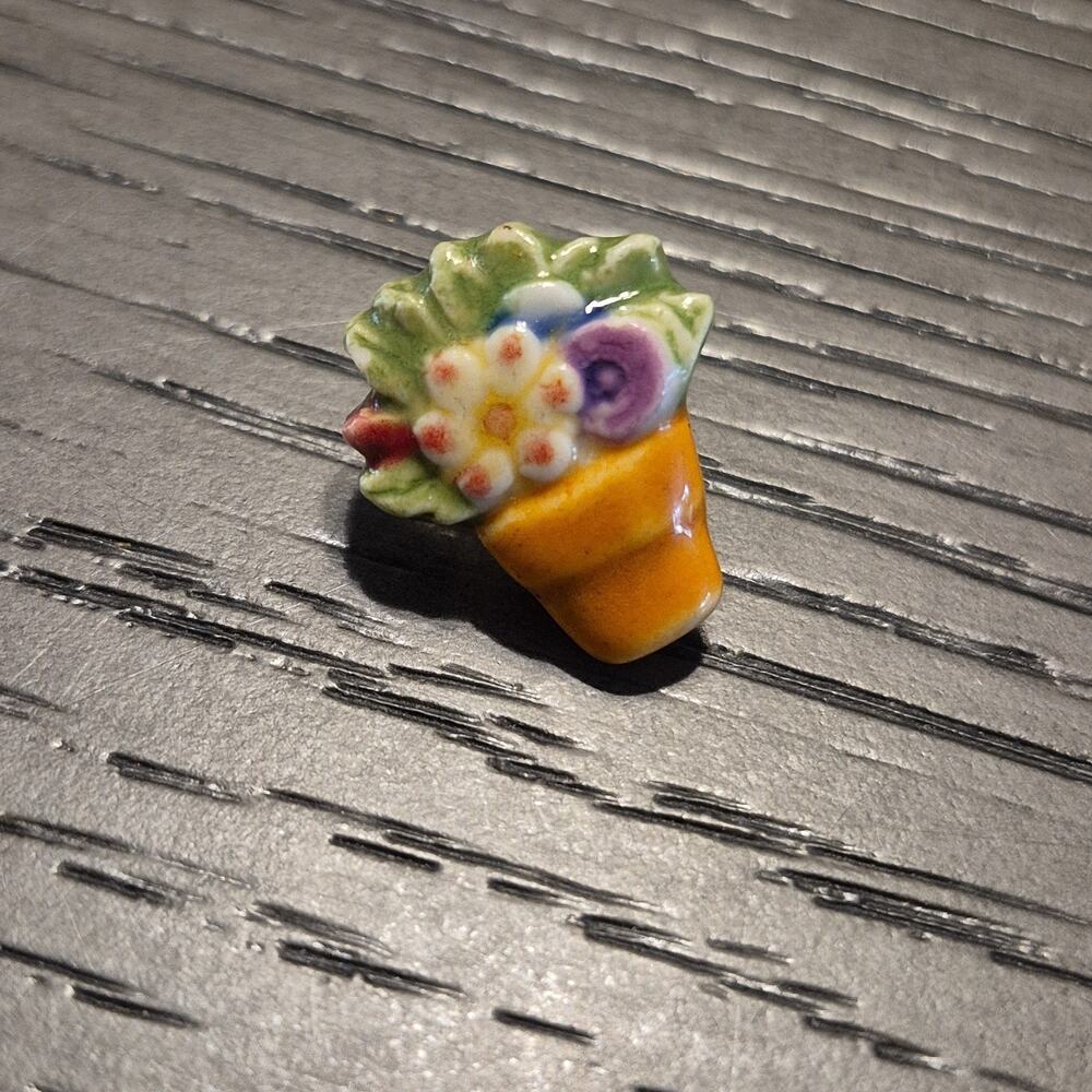 Vintage Ceramic Flowers In Pot Pin Brooch Orange Green Purple Hand Painted